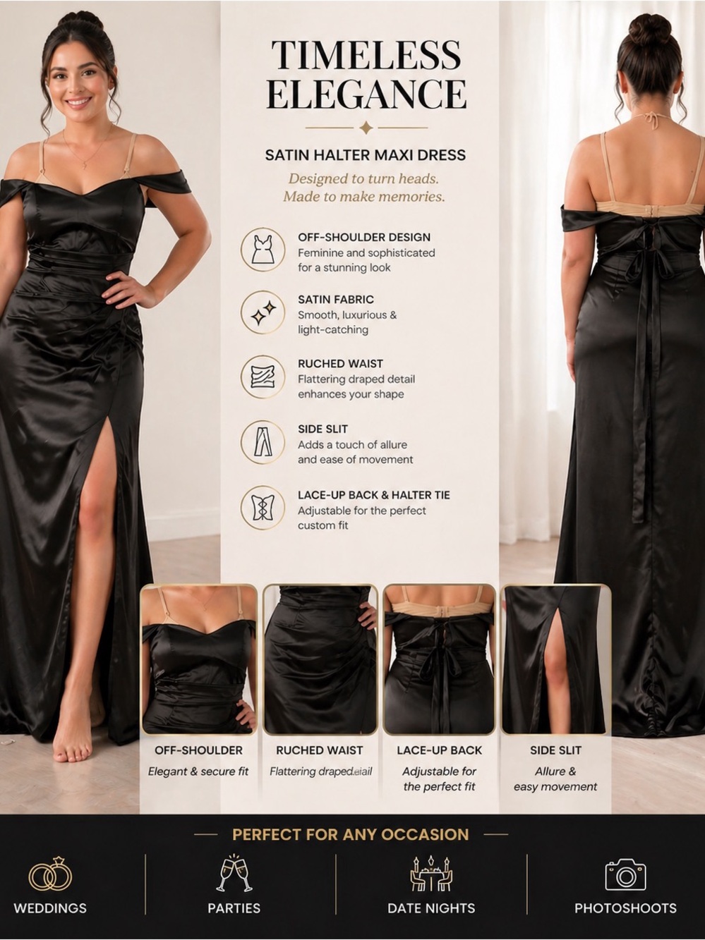 Off-Shoulder Satin Halter Maxi Dress - Black
